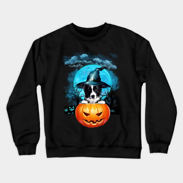 Border Collie Witch Hat Pumpkin And Blue Moon Halloween Crewneck Sweatshirt by Tagliarini Kristi